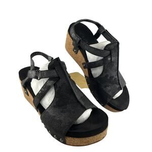 Boutique by Corky's "Carley" Cork Wedge Sandals -Metallic Black Size:8 VGUC